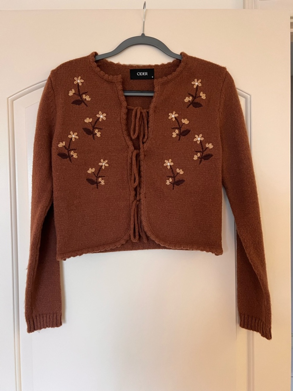 CIDER Rust Brown Embroidered Tie-Front Cropped Cardigan